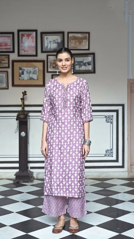 Aayaa Pure Muslin printed Kurti & Pant - purple High-Waist Trousers