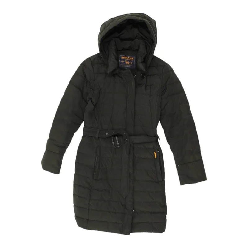 Woolrich Womens Black Long Hooded Belted Puffer Coat | Vintage Designer Jacket Print Jacket Jacquard Jacket Embroidered Jacket