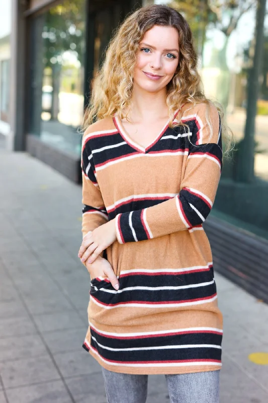 Casual Chic Taupe Hacci Stripe Pocketed Tunic/Dress Tunics Fashionable trendy