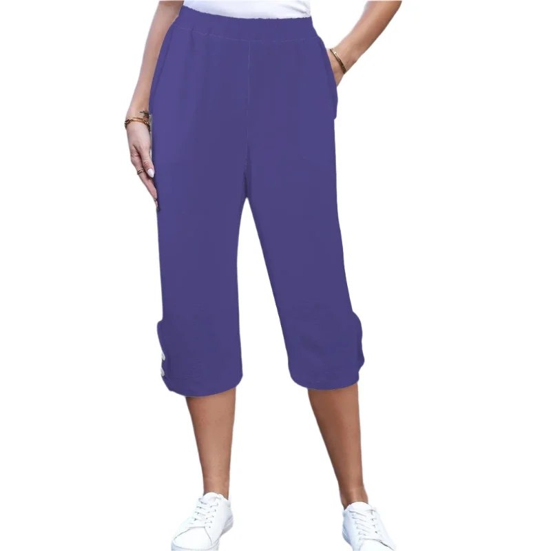 Kume Violet Button Trim Capri Pants Casual Wide Pants