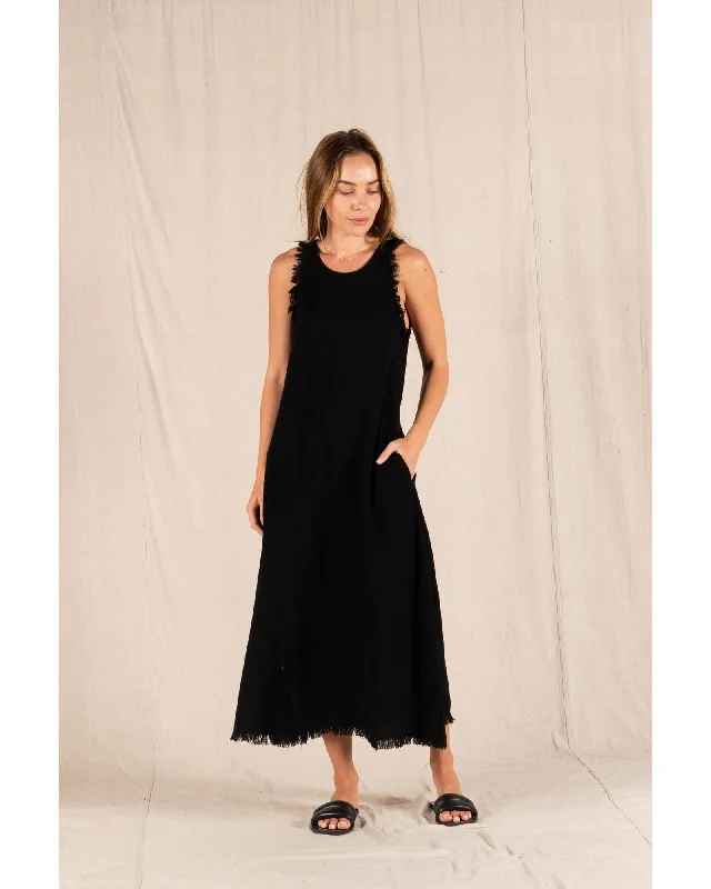 Azura Chic  Womens LEL051101B Black Cotton Fringe Casual A-Line Dress