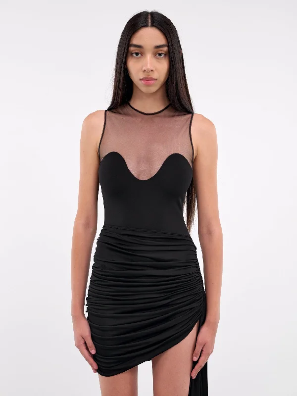 Wave Neckline Tulle Insert Bodysuit (DK71BS-BLACK) Elegant Button-Up Bodysuit