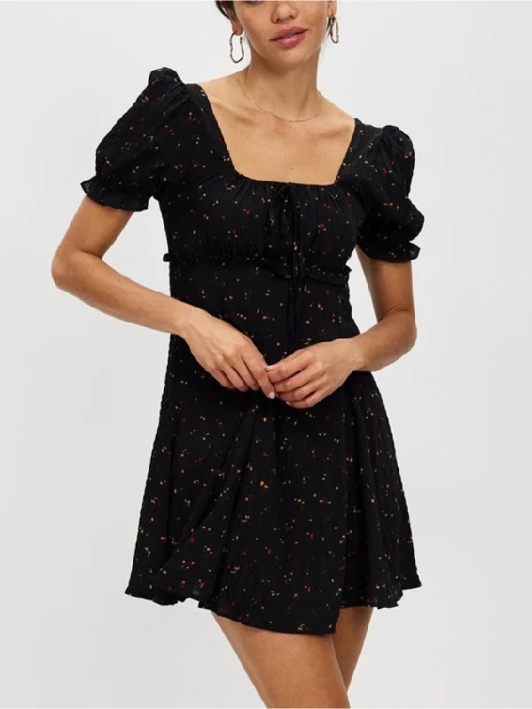 Women's Floral Square Neck Short Puff Sleeve A Line Dress by Kaja Clothing-Bound Dress