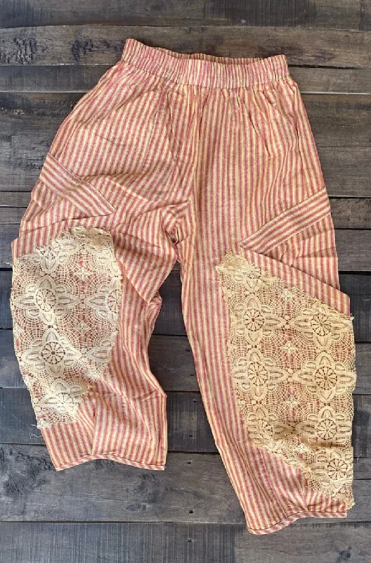 Tabitha Stripe Denim Pants with Lace Details Fashionable Button-Up Pants