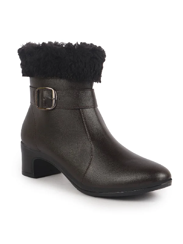 Women Brown Flared Heel High Ankle Classic Winter Buckle Strap Side Zipper Fur Boots|Work Boot|Western Dress Boots Tunics Corduroy durable