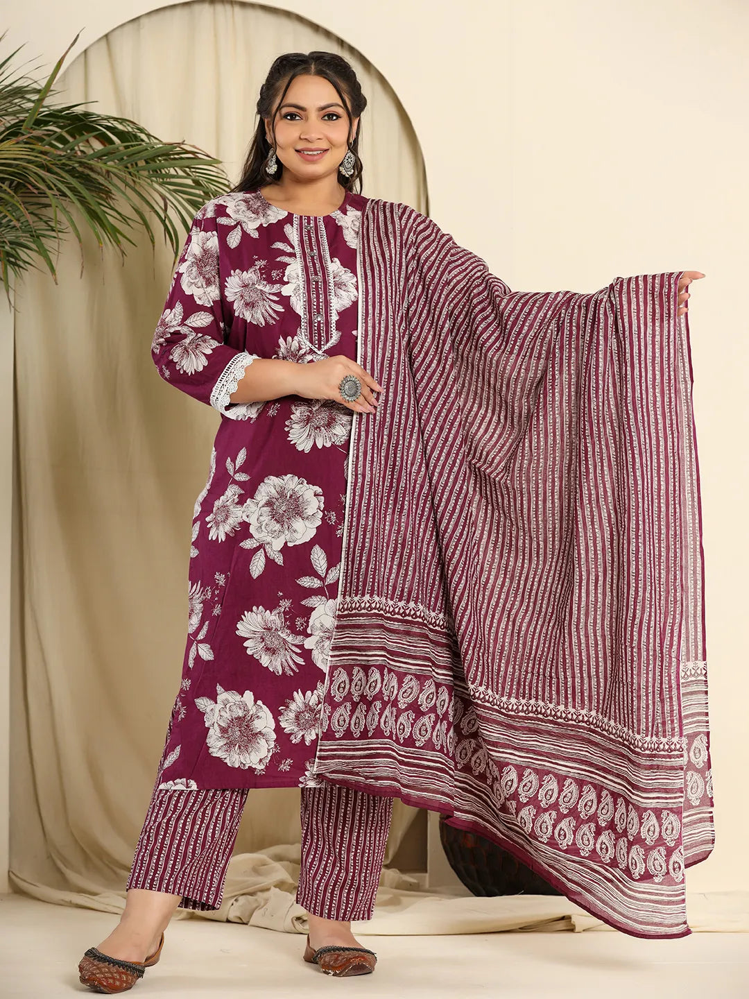 Yufta Purple Pure Cotton Kurta Dupatta Pant Set With Handwork Wide-Legged Palazzos