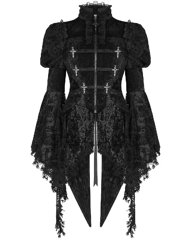 Eva Lady Womens Dark Gothic Velvet Split Tail Coat Jacket - Black Faux Fur Fabric Real Fur Fabric Shearling Fabric