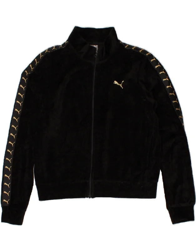 PUMA Womens Graphic Fleece Jacket UK 14 Medium Black Polyester Notch Collar Jacket Peter Pan Collar Jacket Cowl Neck Jacket