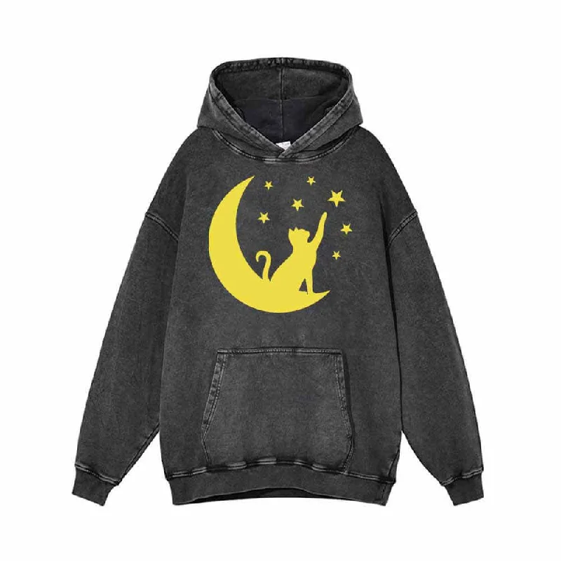 Lively Cat and Moon Star Vintage Washed Hoodie Hoodie with Hem Drawcord Adjustable Customizable