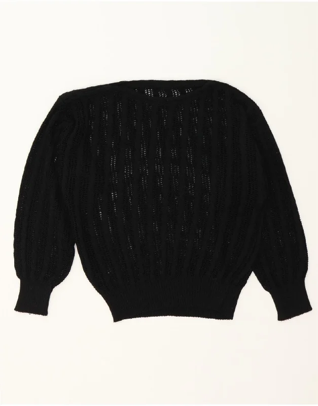 VINTAGE Womens See Through Boat Neck Jumper Sweater UK 14 Medium Black Cashmere Blend Cotton Blend Poly Blend