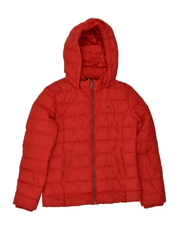 TOMMY HILFIGER Womens Hooded Padded Jacket UK 10 Small Red Polyester Nylon Jacket Polyester Jacket Spandex Jacket