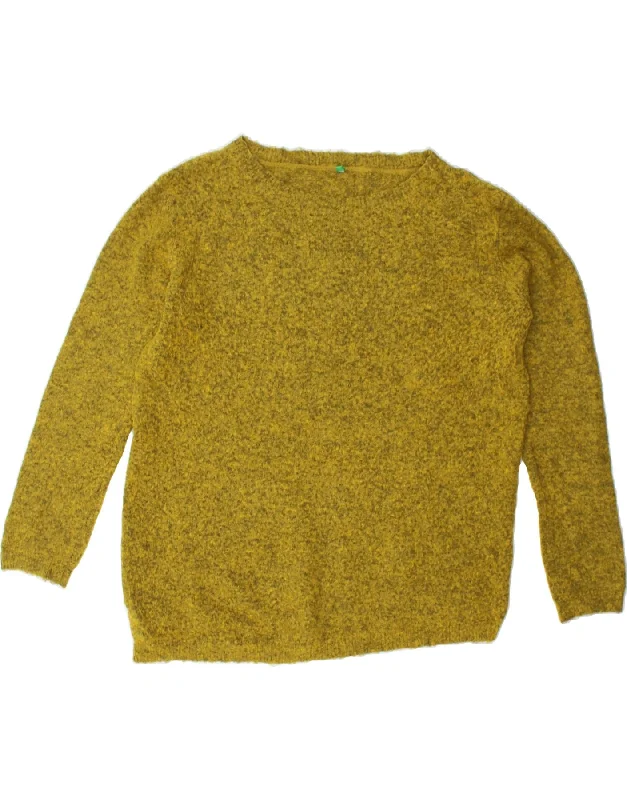 BENETTON Womens Boat Neck Jumper Sweater UK 16 Large Yellow Flecked Glossy Satin Silk