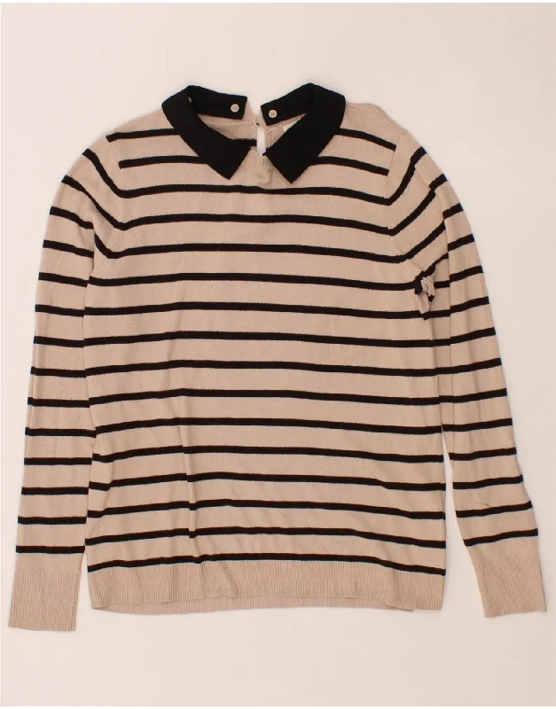 OASIS Womens Polo Neck Jumper Sweater UK 14 Medium Beige Striped Cotton Boat Neck Shawl Collar Notched Collar