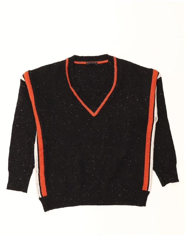 SISLEY Womens V-Neck Jumper Sweater UK 10 Small Black Striped Acrylic Collared Crew Neck Turtle Neck