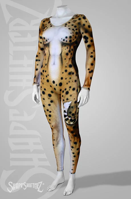Cheetah Scoop Neck Bodysuit with Printed-On Tail | Faux Fur Trendy Transparent Bodysuit