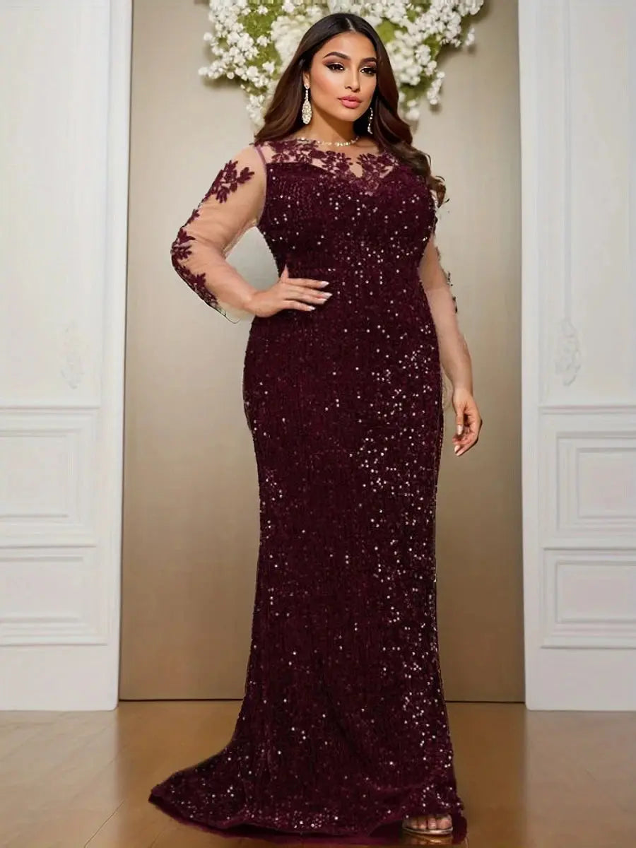 FZ Women's Plus Size Sequined Velvet Lace Floor Length Backless Maxi Evening Dress