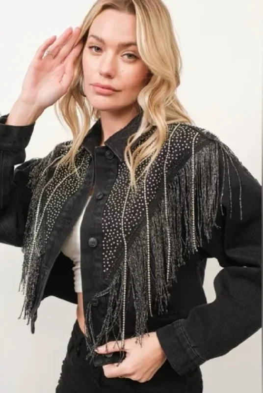 Black Crystal Fringe Denim Jacket V-Neck Jacket Boat Neck Jacket Square Neck Jacket