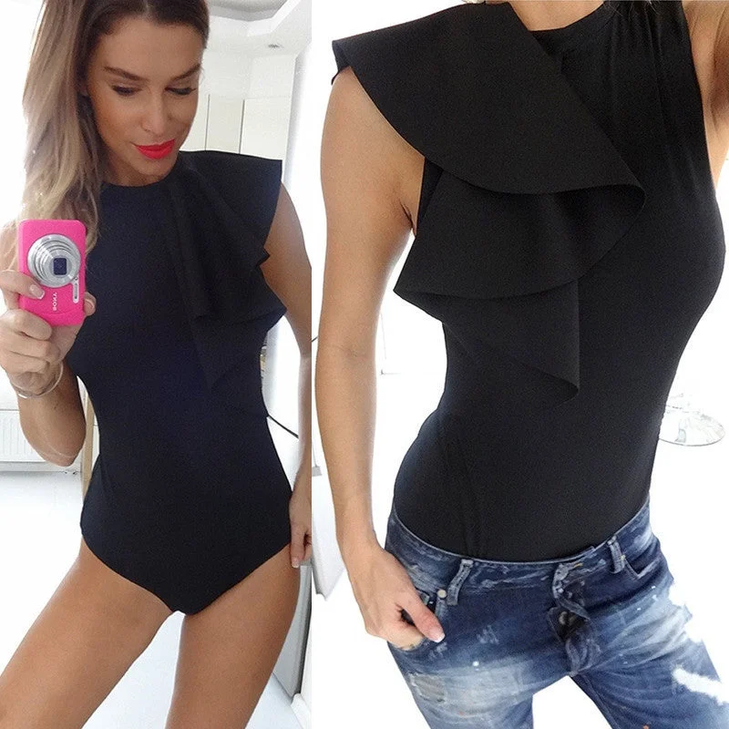 Fashion Womens Summer Style Petal Sleeve Sexy Club Rompers Bodycon Jumpsuit Bodysuit Elegant Long Sleeve Bodysuit