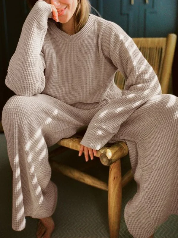 Knit Sweater and Pants Lounge Set Front Pockets Side Pockets Patch Pockets