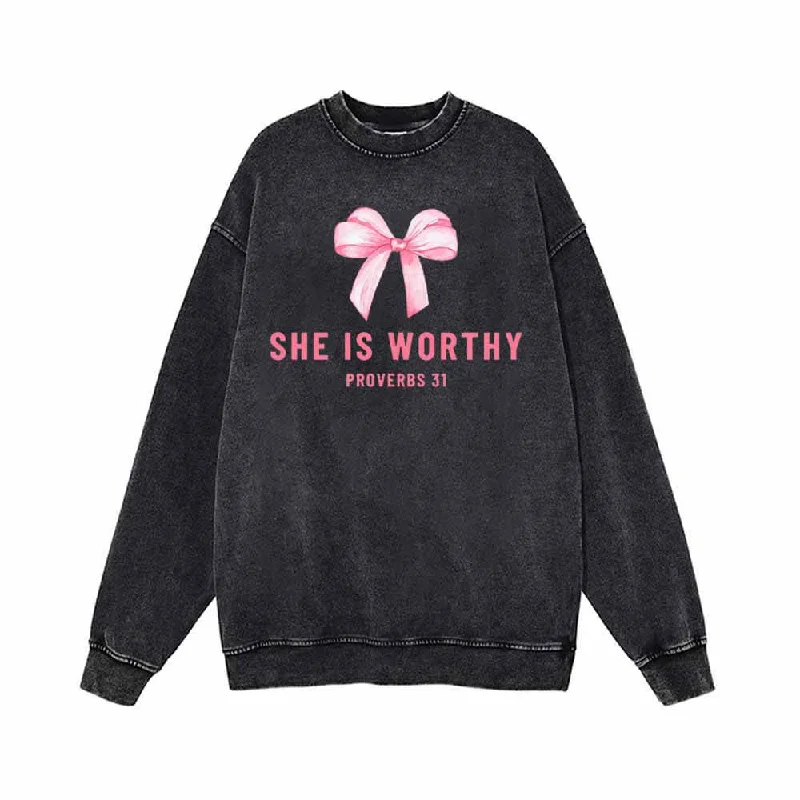 Pink Bow She is Worthy Vintage Washed Sweatshirt Hoodie with Elastic Cuffs Stretchable Comfortable
