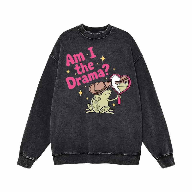 Am I The Drama Vintage Washed Sweatshirt Hoodie with Hem Patch Decorative Personalized