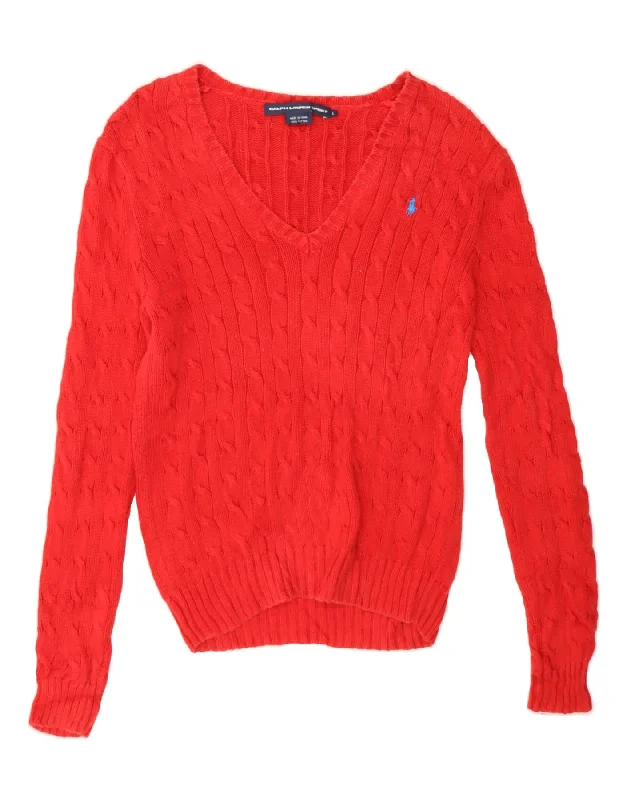 RALPH LAUREN Womens V-Neck Jumper Sweater UK 14 Large Red Cotton Oversized Loose Flowy