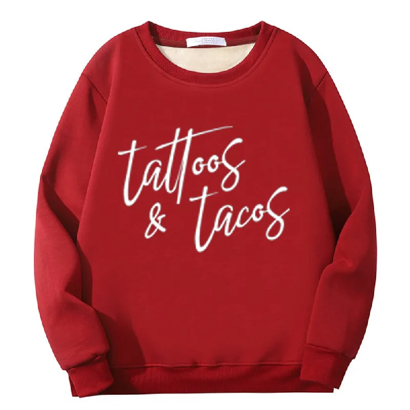 Multicolor Tattoos And Tacos Crew Collar Fleece Sweatshirt Hoodie with Back Slit Movement Comfort