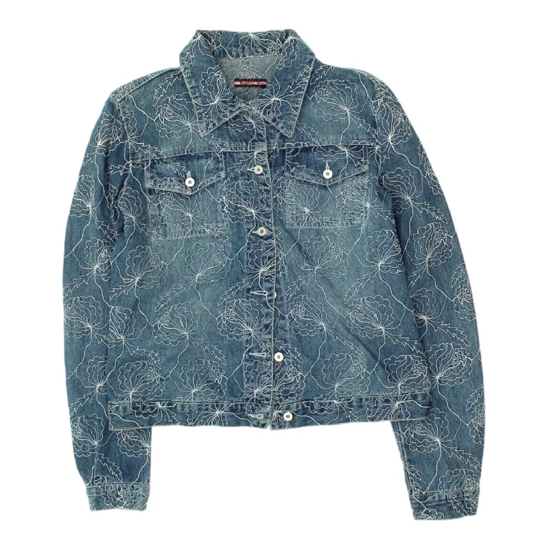 Byblos Blu Womens Blue Patterned Denim Jean Jacket | Vintage Designer VTG Stand-Up Collar Roll-Neck Collar Turtle Neck