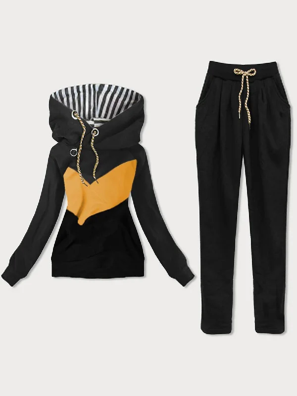 Casual Loose Long Sleeved Hooded Color Block Sweater Pants Suit Jersey Fabric Tulle Fabric Batik Fabric