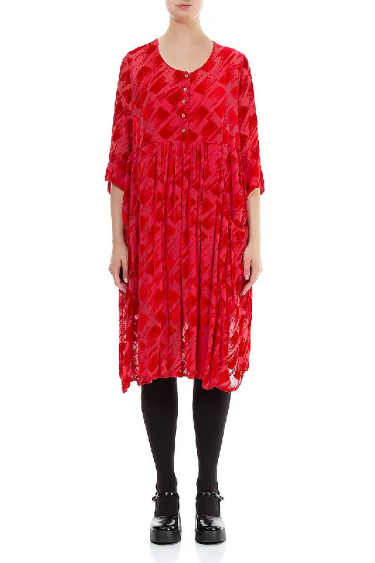 Front Buttons Flared Devoré Red Silk Velvet Dress