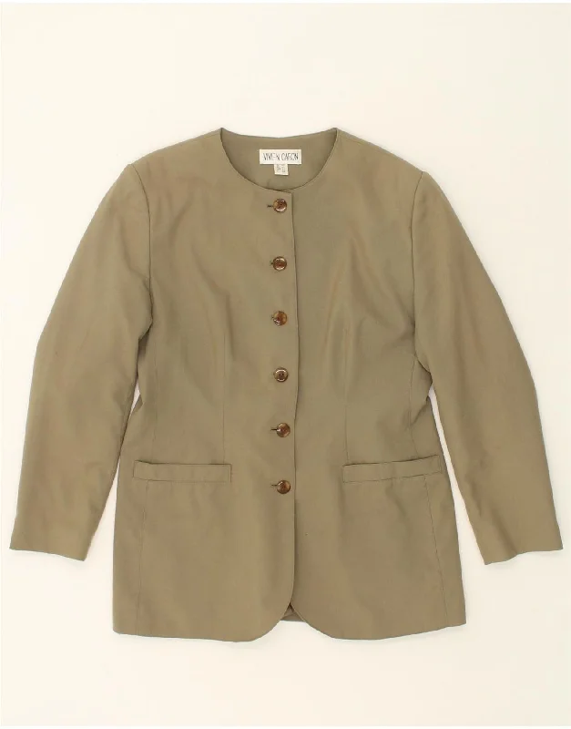 VINTAGE Womens 6 Button Blazer Jacket UK 14 Large Khaki Polyester One-Shoulder Jacket Off-the-Shoulder Jacket Asymmetrical Jacket