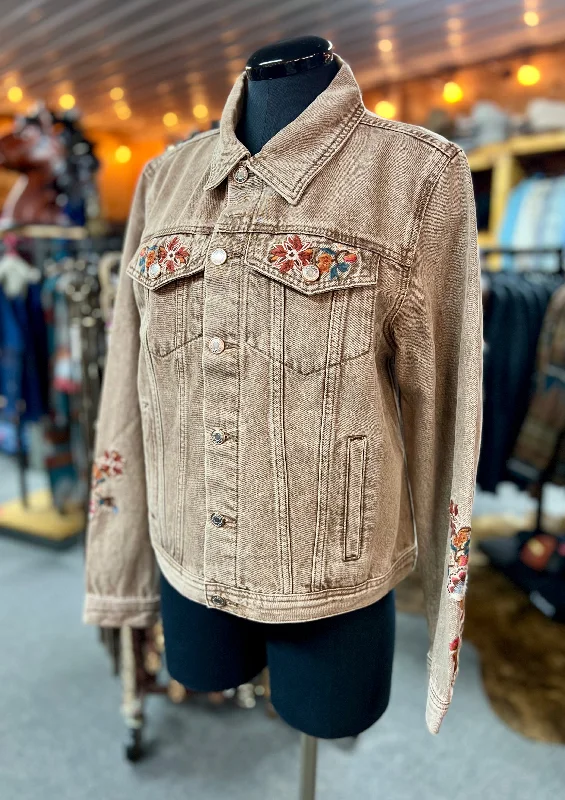 Grace in LA Tan Autumn Embroidered Denim Jacket Plaid Jacket Tartan Jacket Houndstooth Jacket