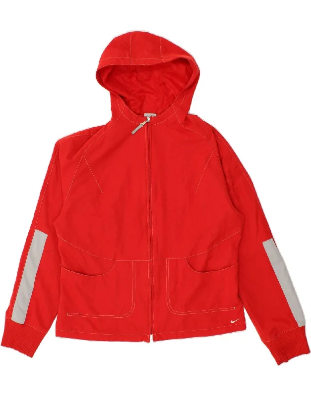 NIKE Womens Hooded Rain Jacket UK 12/14 Large Red Colourblock Polyester A-Line Jacket Boat Neck Shawl Collar