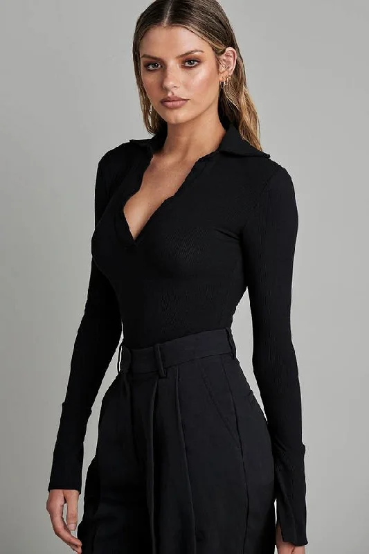 Bayse Brand WOMENS CELINE LONG SLEEVE BODYSUIT - BLACK Comfortable Bodysuit with Underwire