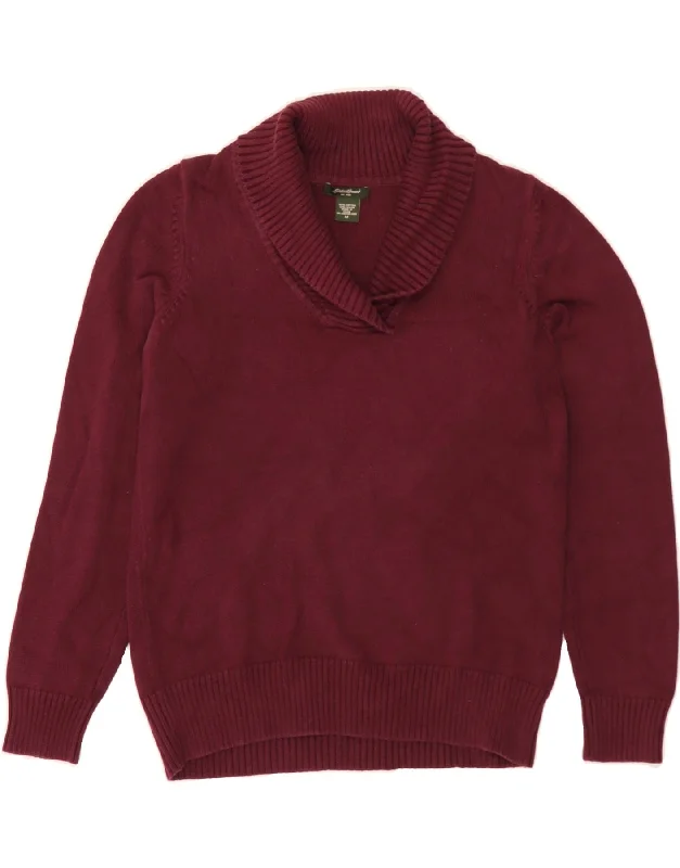 EDDIE BAUER Womens Shawl Neck Jumper Sweater UK 14 Medium Burgundy Cotton Elasticated Padded Insulated