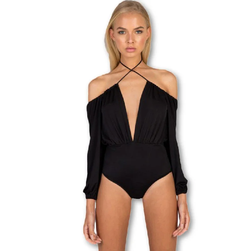 adjustable off shoulder deep v neck jumpsuit backless bodycon women rompers fitted beachwear bodysuit Trendy Bodysuit with Sleeves