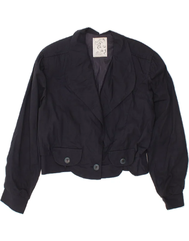 VINTAGE Womens 1 Button Blazer Jacket UK 14 Large Navy Blue Stand-Up Collar Roll-Neck Collar Turtle Neck