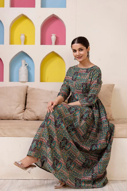Women Green Abstract Printed Flared Dress - Rasiya