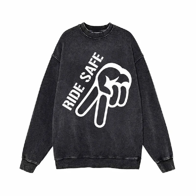 Ride Safe Yeah Biker Vintage Washed Sweatshirt Hoodie with Hem Fringe Bohemian Relaxed