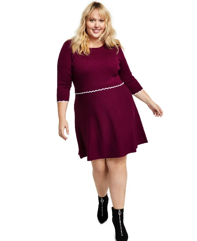 Bcx Trendy Plus Size Contrast Trim Sweater Dress Real Fur Shearling Chenille