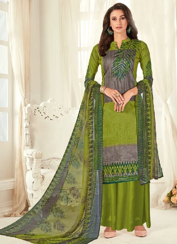 Green Pure Zam Cotton Palazzo Dress Square Neckline Feminine