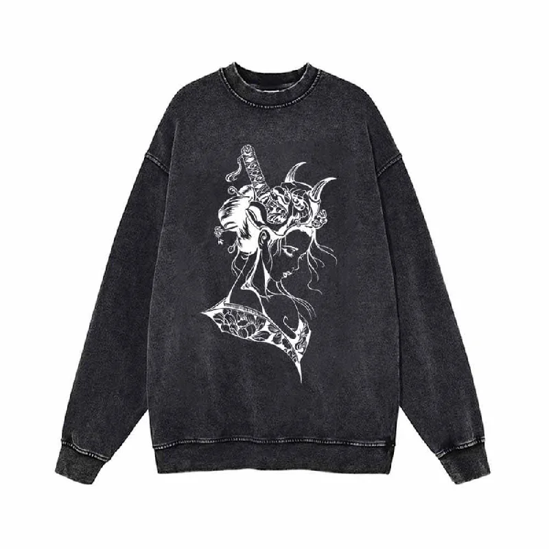 Japanese Samurai Geisha Vintage Washed Sweatshirt Hoodie Dress Longline Feminine