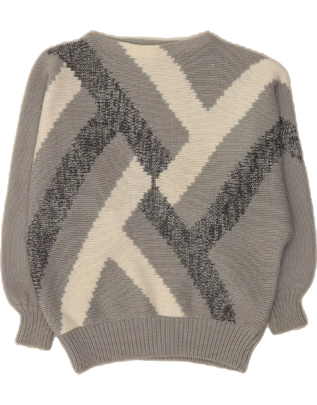 VINTAGE Womens Boat Neck Jumper Sweater EU 38 Medium Grey Striped Thin Thick Dense