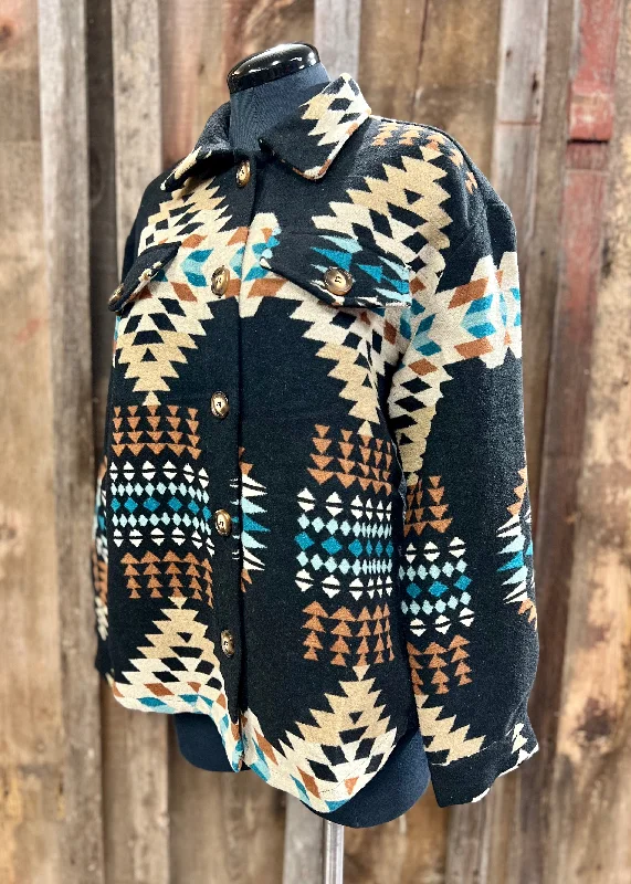 Black Southwest Shacket Jacket Tiered Jacket Buttoned Jacket Zippered Jacket