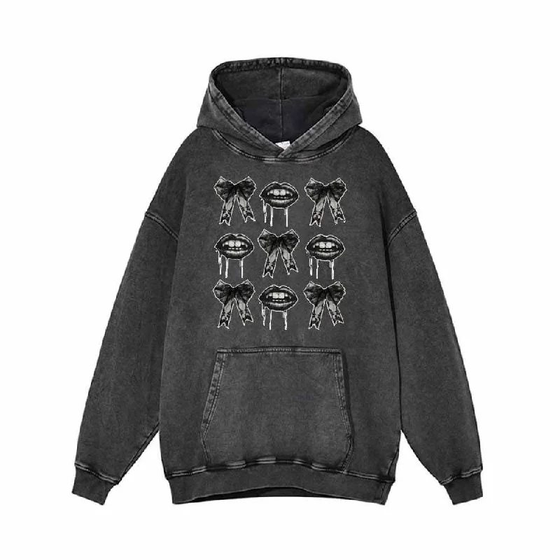 Dark Bow Lips Vintage Washed Hoodie Sweatshirt Hoodie with Camouflage Military Edgy