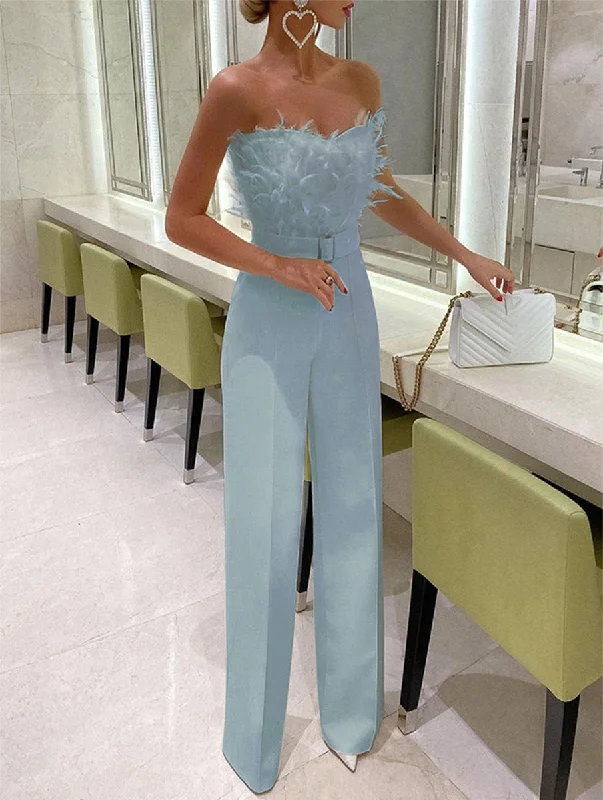 Feather Strapless Overalls for Women Party Evening Bodysuit Sleevelss Overalls Women's Clothing Traf Ropa Mujer Jumpsuits Comfortable Mesh Insert Bodysuit