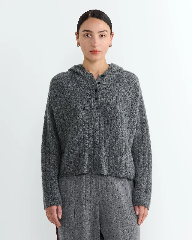 Baby Alpaca Hooded Sweater in Grey Satin Fabric Silk Fabric Chiffon Fabric