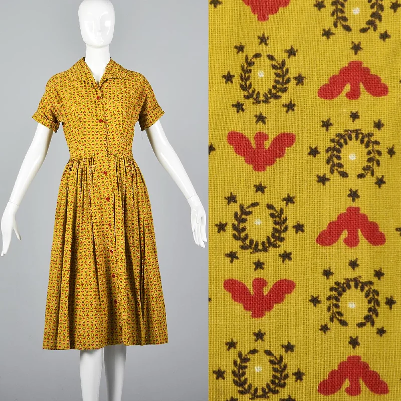 1950s Gold Novelty Print Cotton Day Dress with Eagles and Laurel Crests
