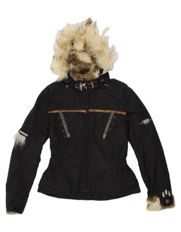 HELL IS FOR HEROES Womens Hooded Windbreaker Jacket IT 46 Large Black Knit Fabric Woven Fabric Fleece Fabric