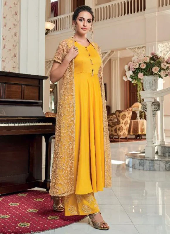 Yellow Heavy Maslin With Net Palazzo Dress Tunics Fall fleece